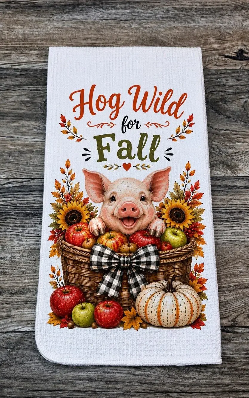 Hog Wild for Fall Pig Kitchen Towel Autumn Pumpkin Sunflower Farmhouse Decor